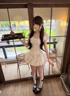 夏季新款纯欲风少女感软妹风白色泡泡袖系带上衣搭配蓬蓬裙两件套