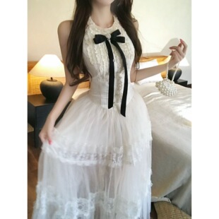 法式 名媛千金气质蝴蝶结荷叶边挂脖连衣裙网纱拼接连衣裙 新款 夏季