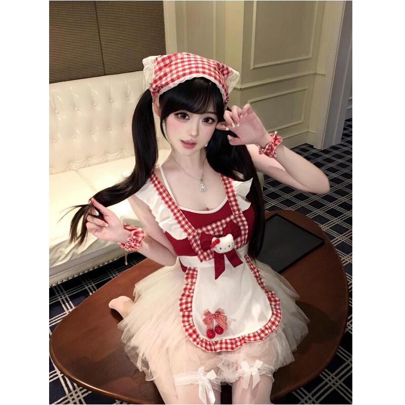 纯欲辣妹日系女仆裙性感红色吊带网纱蓬蓬裙蝴蝶结背带围裙三件套