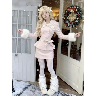 富家千金小香风套装 裙秋冬粉色高级感拼接毛领呢子外套半身裙套装