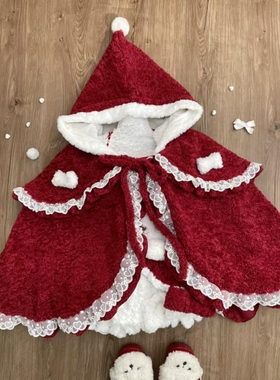 圣诞红色氛围感一字肩毛衣保暖飞飞袖小熊背带裙披肩斗篷三件套裙