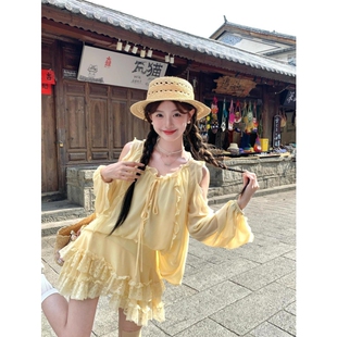 夏季度假风黄色套装裙宽松显瘦露肩荷叶边上衣a字半身裙两件套女
