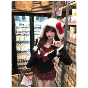 冬季 圣诞氛围感甜美蝴蝶结海军领上衣格纹高腰百褶裙两件套女 新款