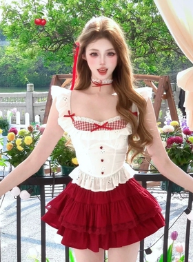 夏季甜辣少女chic复古红色学院风小飞袖蝴蝶结上衣蓬蓬短裙两件套