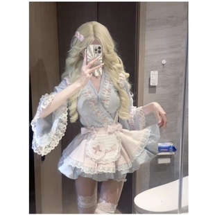 日系和风Lolita裙洛丽塔印花拼接花边蝴蝶结上衣背带蓬蓬裙两件套