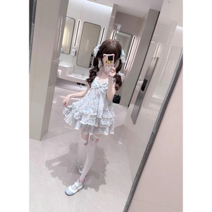 新 甜美日系少女度假风蝴蝶结蛋糕裙Lolita裙印花吊带连衣裙女夏季