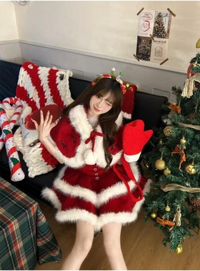 冬日圣诞新年战袍公主裙甜美红色连帽外套毛绒抹胸蛋糕蓬蓬裙套装