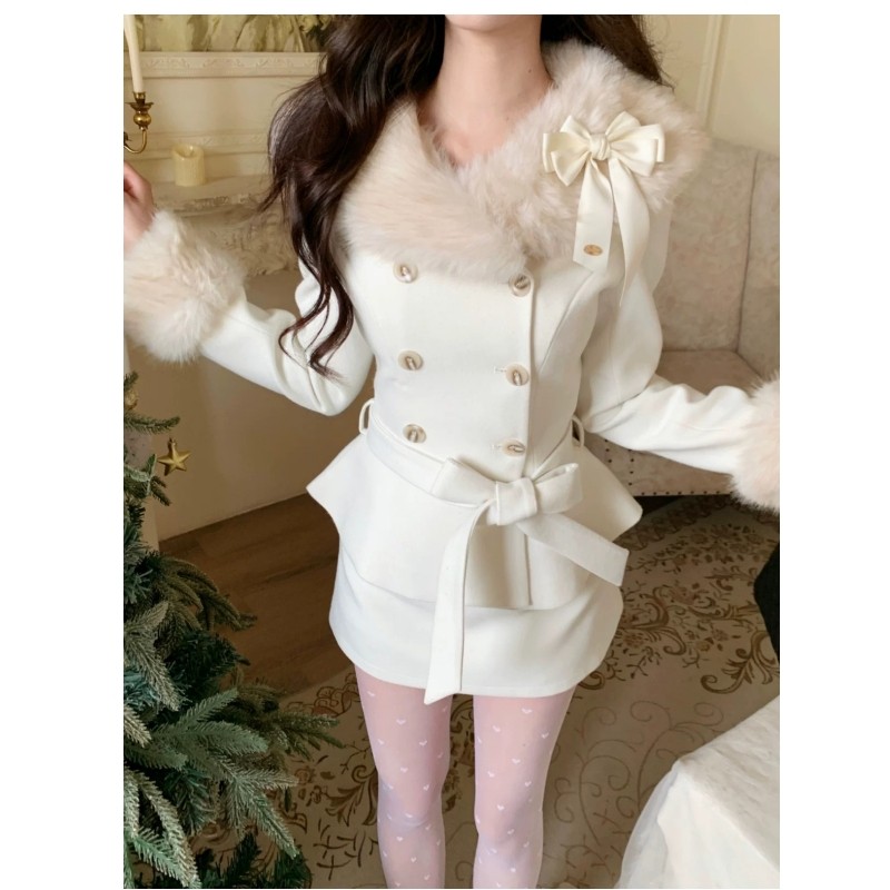 法式留洋千金小姐毛呢气质名媛风白色毛领外套短裙富家千金两件套,女装/女士精品,时尚套装,淘宝优惠券,粉丝福利购,淘宝优惠卷