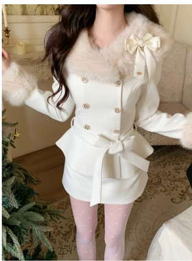 法式留洋千金小姐毛呢气质名媛风白色毛领外套短裙富家千金两件套