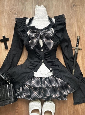 甜辣chic学院风喇叭袖开衫黑色上衣蝴蝶结挂脖吊带格子蛋糕裙套装