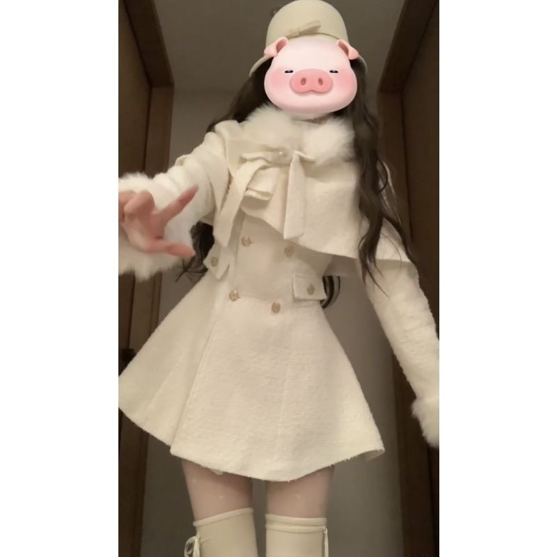 法式富家千金套装蝴蝶结披肩斗篷外套女秋冬白色小香风连衣裙套装