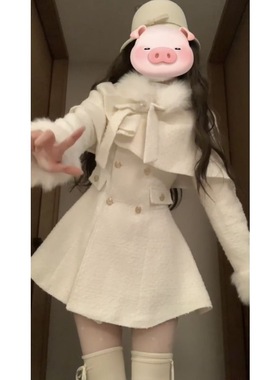 法式富家千金套装蝴蝶结披肩斗篷外套女秋冬白色小香风连衣裙套装