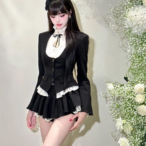 秋季修身显瘦纯欲风辣妹性感长袖衬衫上衣西装小外套+半身裙套装