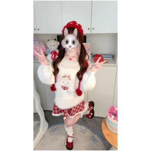 甜美可爱风圣诞节战袍一字肩毛茸茸拼接小狗上衣格子百褶裙两件套