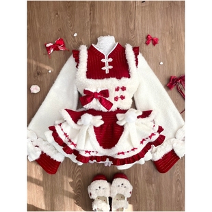 冬季甜美少女感氛围感红色圣诞新年战袍国风上衣毛绒马甲蓬蓬裙女
