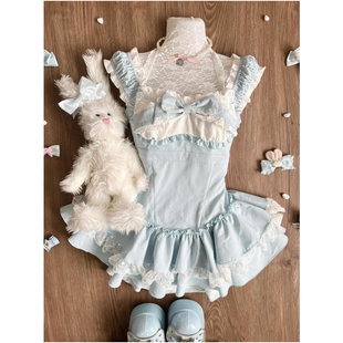 挂脖蛋糕裙 甜美可爱蝴蝶结蓝白连衣裙女收腰蕾丝花边无袖 夏季 新款