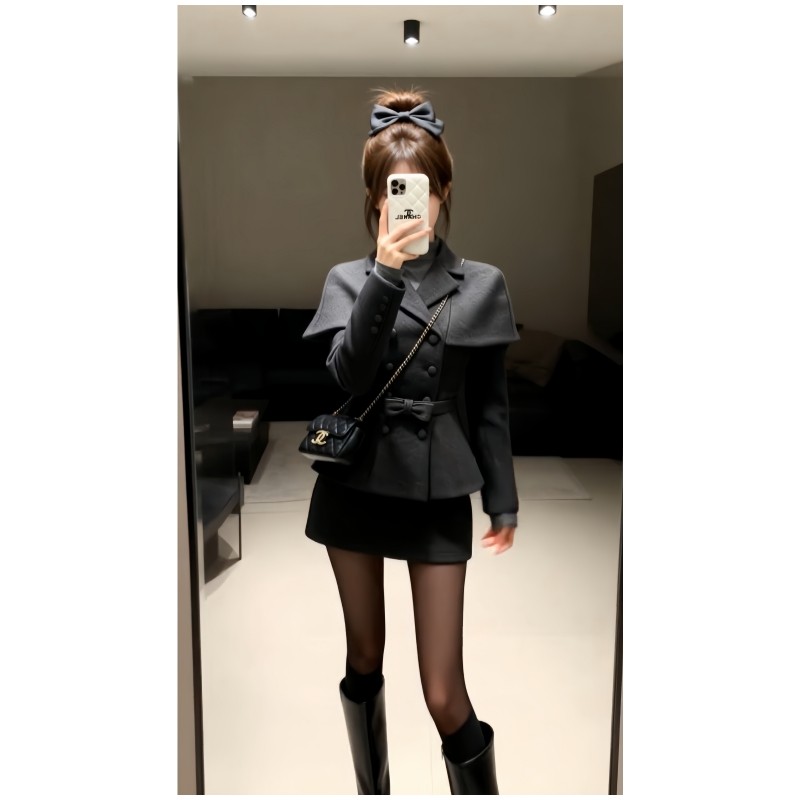 法式复古高级感套装裙灰色毛呢拼接斗篷双排扣外套半身裙两件套女,女装/女士精品,时尚套装,淘宝优惠券,粉丝福利购,淘宝优惠卷