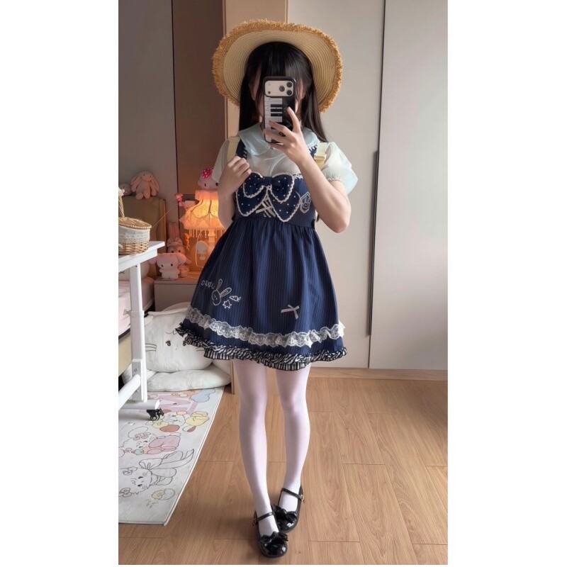 夏季可爱减龄风拼接假格子假两件连衣裙印花宽松蝴蝶结小裙子新款