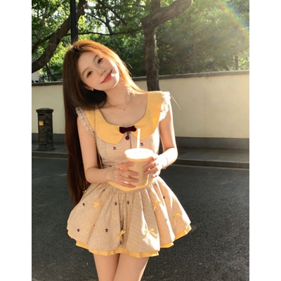甜美少女感奶黄公主裙ins风拼接花边印花蝴蝶结收腰显瘦蓬蓬裙女