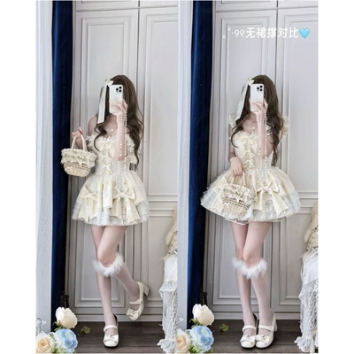 甜美Lolita裙洛丽塔奶黄重工设计感蝴蝶结小飞袖收腰蓬蓬公主裙子