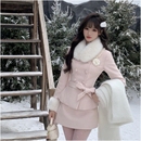 富家千金小香风套装 裙秋冬粉色高级感拼接毛领呢子外套半身裙套装
