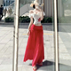 度假红色长裙套装 纯欲风辣妹一字肩设计感木耳边修身 白色上衣夏季