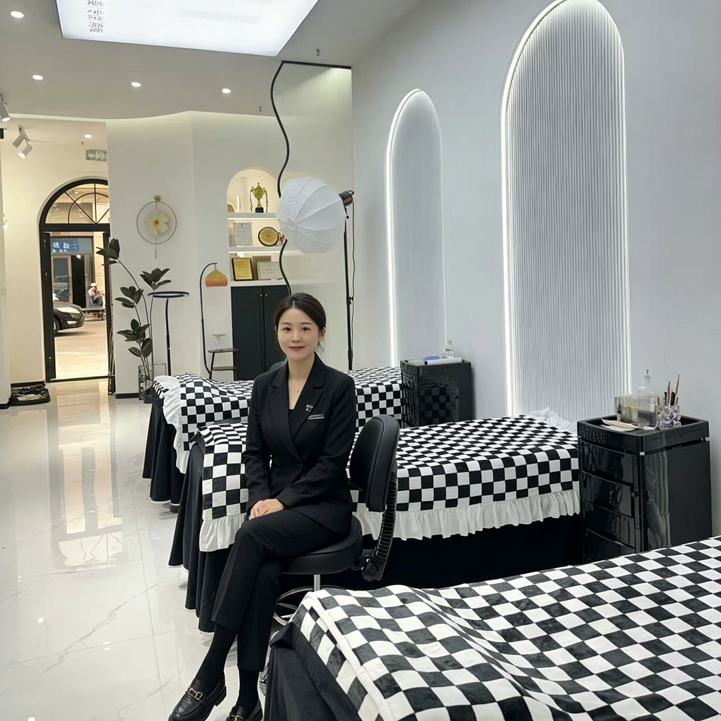 云创艺黑白棋盘格美容床罩四件套四季通用美睫床床品美容院床套