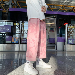 宽松直筒加绒裤 美式 ins港风高街涂鸦复古休闲裤 子男秋冬季 街头裤