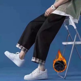 潮牌ins宽松直筒阔腿裤 格子卷边裤 潮流加绒休闲裤 韩版 子男秋冬季