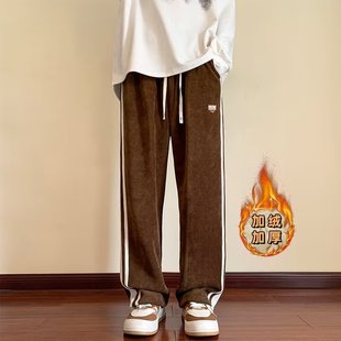 宽松加绒加厚宽松休闲条纹直筒情侣阔腿裤 长裤 男美式 春夏灯芯绒裤