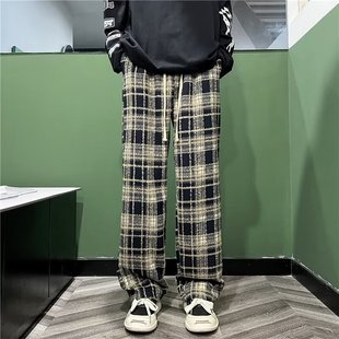 复古宽松直筒呢料阔腿休闲长裤 加绒美式 子 男秋冬季 格子毛呢休闲裤