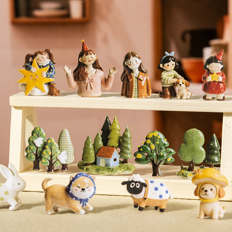 陶瓷小物仿真陶瓷硬卡贴纸动物咖啡旅行笔记手账diy场景装饰素材