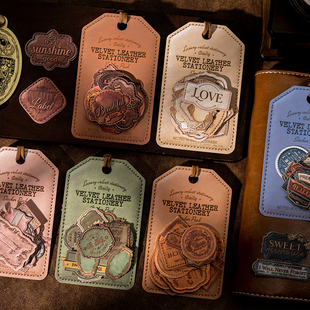 绒皮信笺仿真皮质标签异形模切硬卡贴纸复古手账装饰diy复古文艺