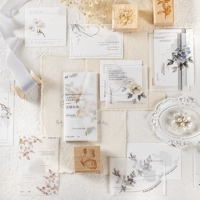 淡墨花隐双材质便签简约ins风素材纸轻复古手帐装饰打底背景材料