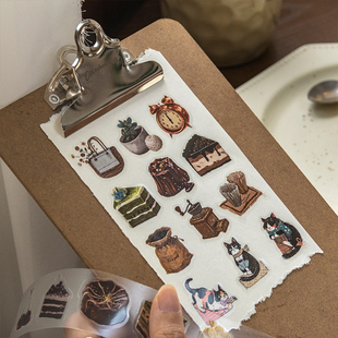 闲暇时刻雾面PET模切胶带复古蜡笔画风咖啡衣橱手账基础拼贴纸