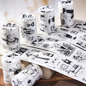 小日常图案黑白线稿人物模切白牛皮胶带手账拼贴机壳装 饰基础素材