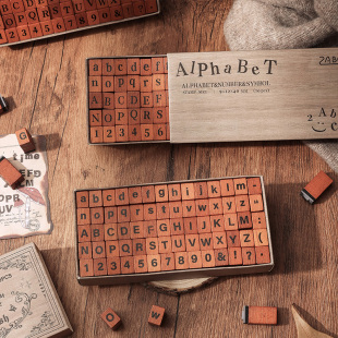 70枚时光拼记字母数字复古木质印章手帐拼贴基础百搭装饰印画素材