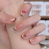 酒红蝴蝶结 纯手工穿戴甲镶钻爆闪猫眼纯欲高级感裸色短中款