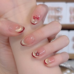 【酒红蝴蝶结】纯手工穿戴甲镶钻爆闪猫眼纯欲高级感裸色短中款