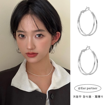 925银针双环细版素圈耳环圈圈耳扣轻奢气质大气耳圈高级感耳饰女