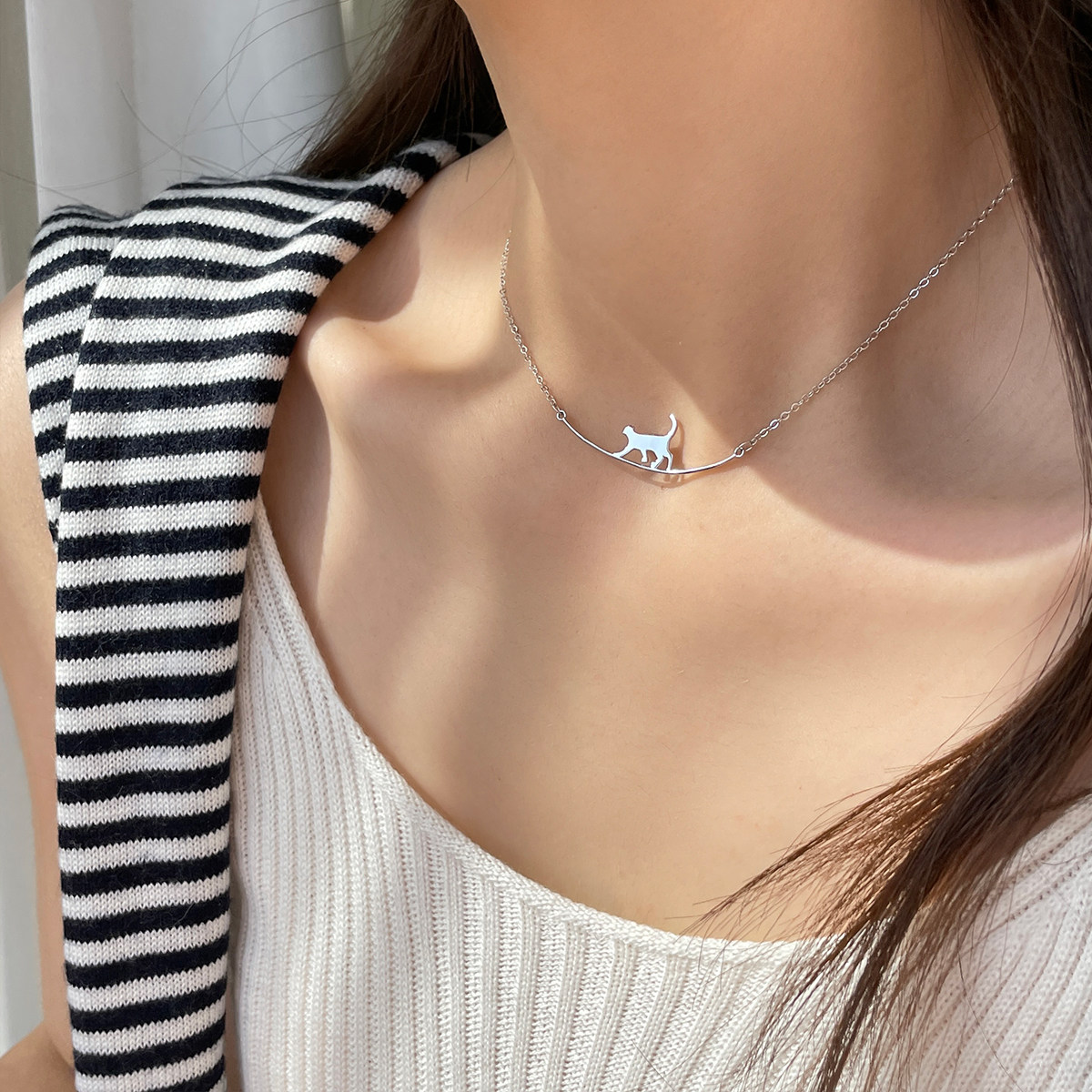 s925纯银猫咪项链女款2026新款高级感轻奢小众锁骨链银色银饰海边