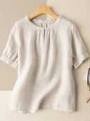 女夏季 衬衫 纯色百搭宽松显瘦设计感圆领上衣 休闲棉麻短袖 文艺大码