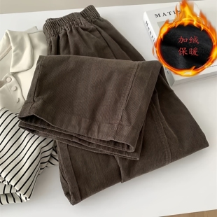 日系加绒复古灯芯绒裤子女宽松休闲直筒阔腿裤秋冬显瘦百搭九分裤