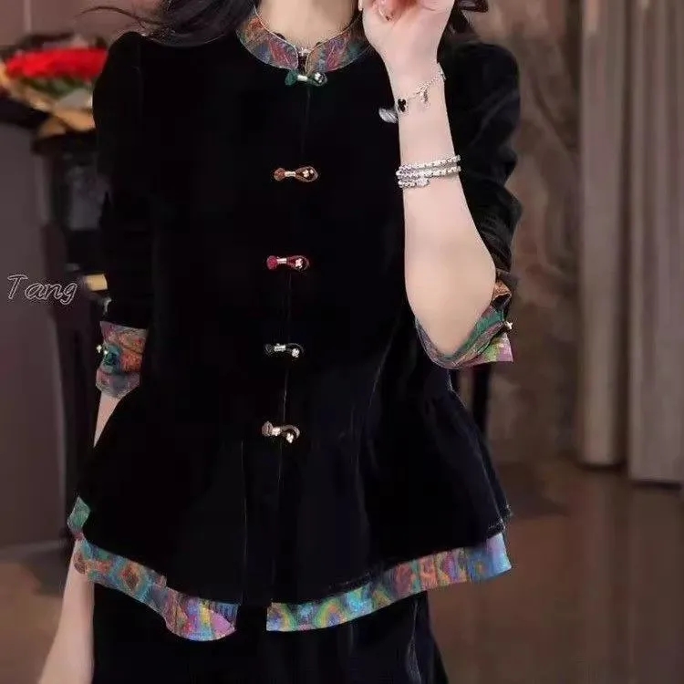 中式国风丝绒立领盘扣长袖开衫女