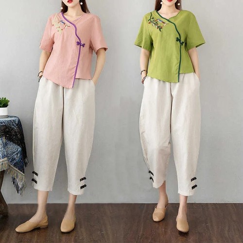棉麻套装女夏短袖上衣盘扣裤子女