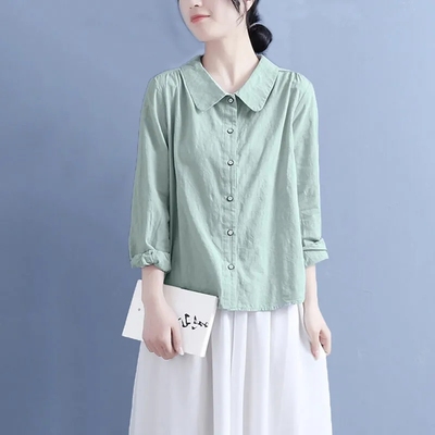 棉麻衬衫女娃娃领提花休闲上衣潮