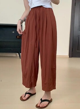 休闲系带奶奶裤夏棉麻九分哈伦裤