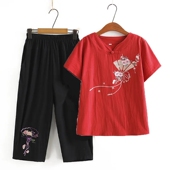 T恤大码 妈妈夏装 两件套 70岁棉麻上衣奶奶夏季 短袖 套装 中老年人40