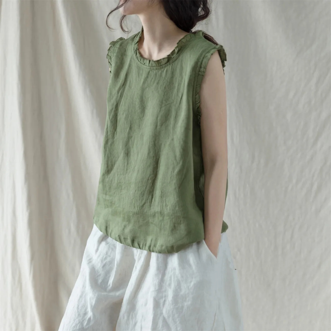 棉麻木耳边抽绳薄款无袖背心外穿