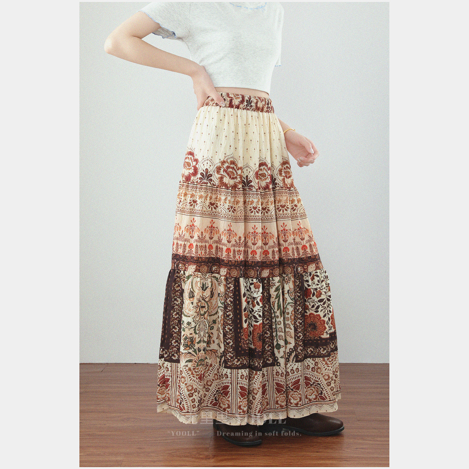 复古波西米亚风半身裙2026春夏新款松紧腰大摆裙海边度假A字长裙